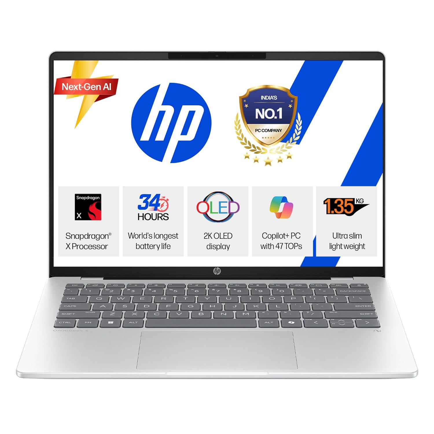 HP OmniBook 5 OLED (Previously Pavilion), Snapdragon X Processor (16GB LPDDR5x, 1TB SSD) 2K, 14”/35.6cm, Win11, M365 Basic(1yr)* Office24, Silver, 1.35kg, he0015QU, Light-Weight, Next-Gen AI Laptop