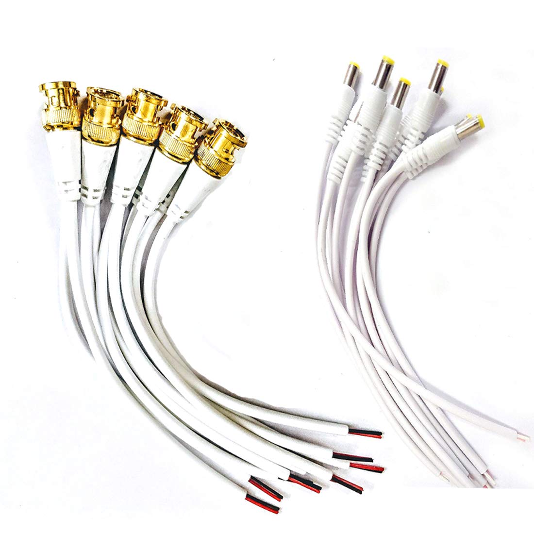 Combo Pack of 10 Pc BNC Connector with Copper Wire Moulded – 18CM and 10 Pc DC Power Pigtail Male Cables with 2.1mm Connectors Barrel Jack for Surveillance CCTV Camera (White)