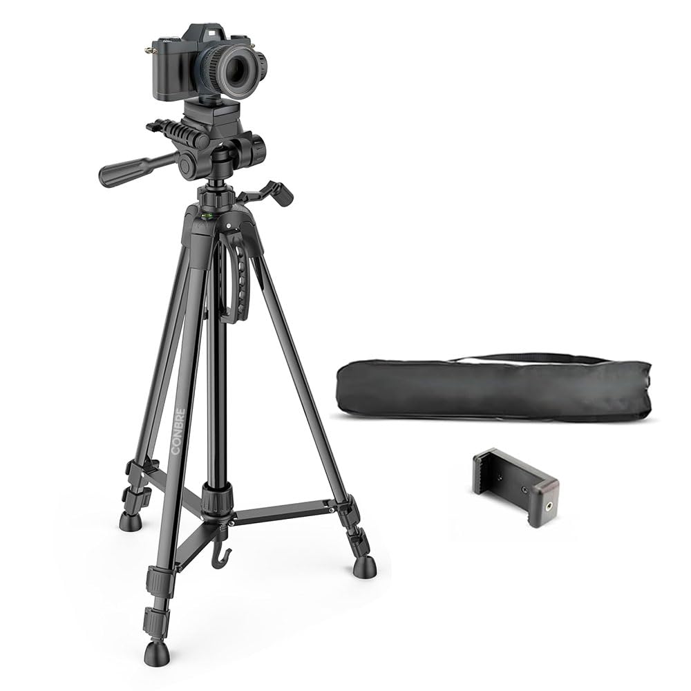 Conbre F-3366 Professional 55.5Inch (141CM) Tripod for DSLR, Camera | Height: 4.6 Feet | Max Load: 4kg | Portable Lightweight ABS+Metal Tripod | 360° Ball Head | Carry Bag (Black)