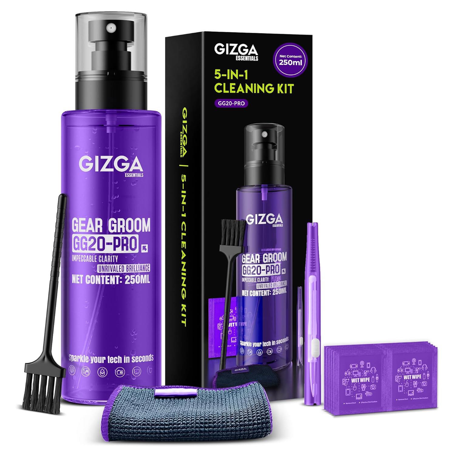 Gizga Essentials 5 in 1 Screen Cleaning Kit with 250ml Spray Microfiber Cloth, Soft Brushes, Wet Wipes | for Laptop, PC, TV, Camera Lens, Binocular, Smartphone, Tablet, Eyeglass, Keyboard Cleaning