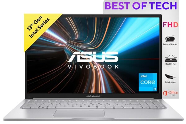 ASUS Vivobook 15, 13th Gen, Intel Core i3-1315U, 8GB RAM,512GB SSD,15.6″ (39.62 cms), FHD, Windows 11,MS Office,Backlit Keyboard,Silver,1.7 kg, X1504VA-NJ320WS, Thin & Light Laptop