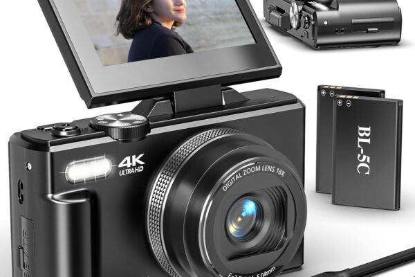 Digital Camera for Photography and Vlogging, 4K Autofocus YouTube Camera with 3″ 180° Flip Screen, WiFi, 18X Zoom, Flash, 2 Batteries & 32GB SD Card