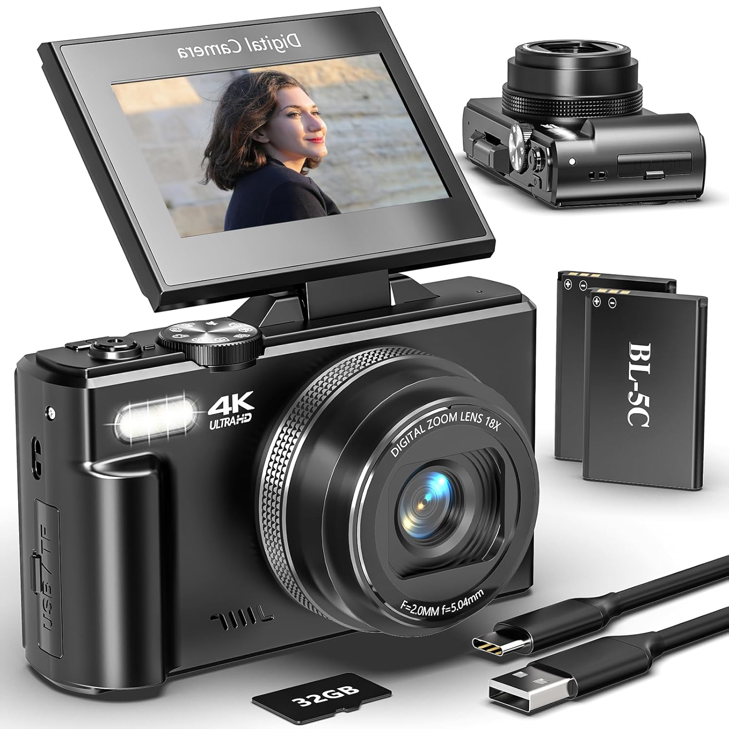 Digital Camera for Photography and Vlogging, 4K Autofocus YouTube Camera with 3″ 180° Flip Screen, WiFi, 18X Zoom, Flash, 2 Batteries & 32GB SD Card