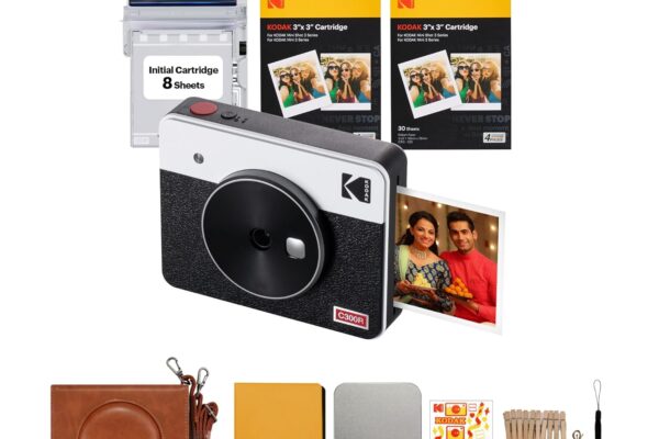 KODAK Mini Shot 3 Retro 4PASS 2-in-1 Instant Camera and Photo Printer (3×3 inches) + 68 Sheets Gift Bundle, White