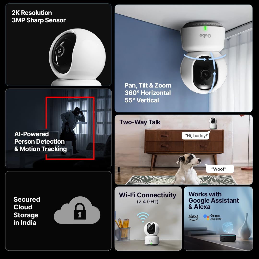 Qubo Smart 360° 3MP [2K] CCTV Camera | Wi-Fi Indoor Home Security Cam | AI Person Detection | Automatic Alarm | App Alerts | NightPulse Vision | SD & Cloud Storage | Made in India [Pack of 2]