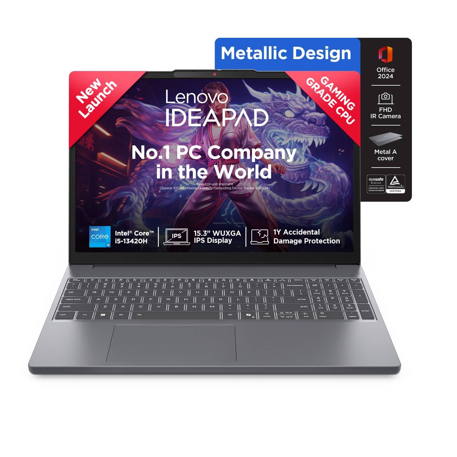 Lenovo IdeaPad Slim 3 13th Gen Intel Core i5-13420H 15.3″(38.8cm) WUXGA IPS Laptop(16GB RAM/512GB SSD/Win 11/Office Home 2024/Backlit/1Yr ADP Free/Top Metal Cover & IR Camera/Grey/1.6Kg), 83K100CGIN