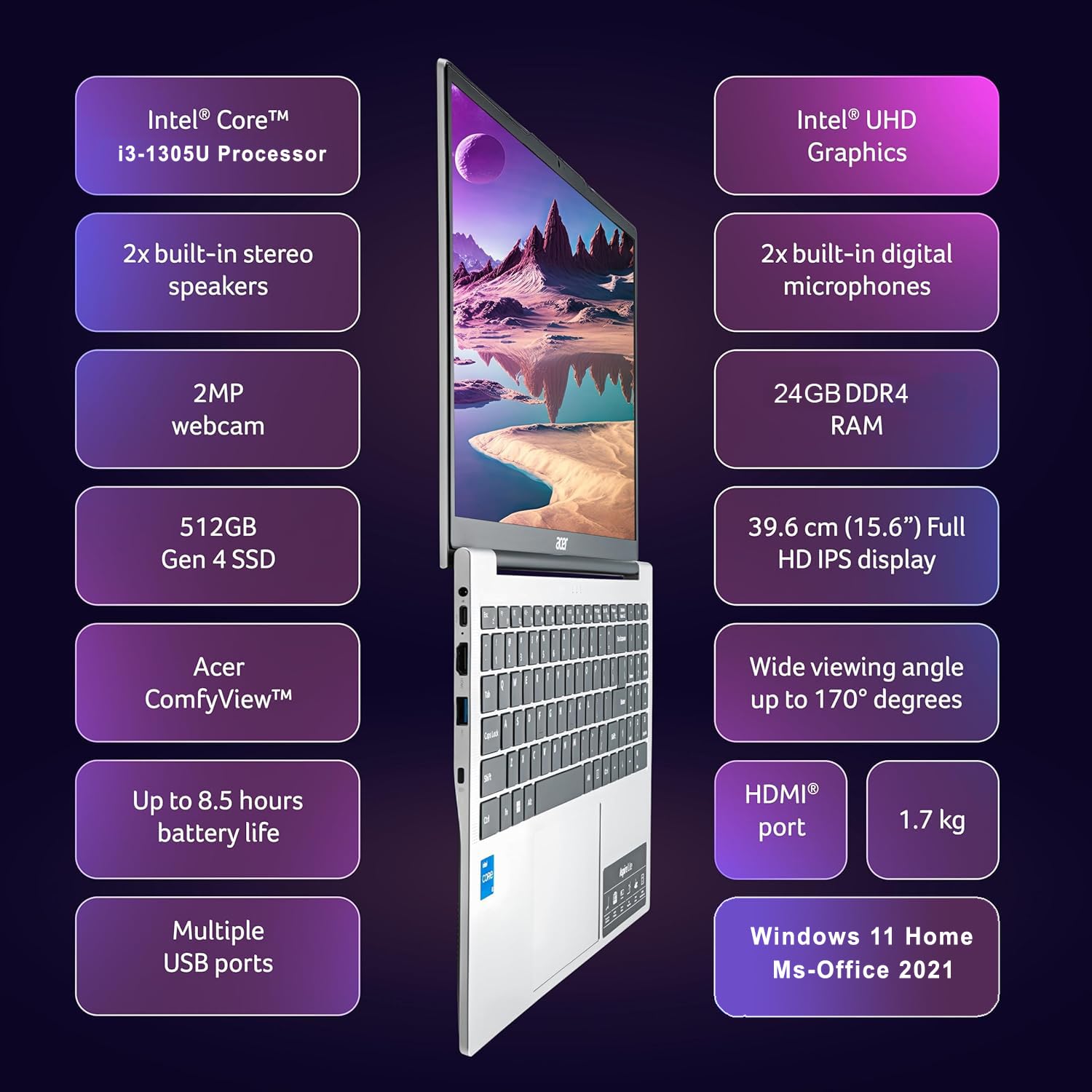 Acer Aspire 3 (2025) Intel Core i7 13th Gen 1305U – (24 GB/512 GB SSD/Intel UHD Graphics/Windows 11 Home) Thin and Light Laptop/15.6″ FHD IPS Display/Metal Body/Silver/1.5 Kg/MSO 2021/3 Years Warranty