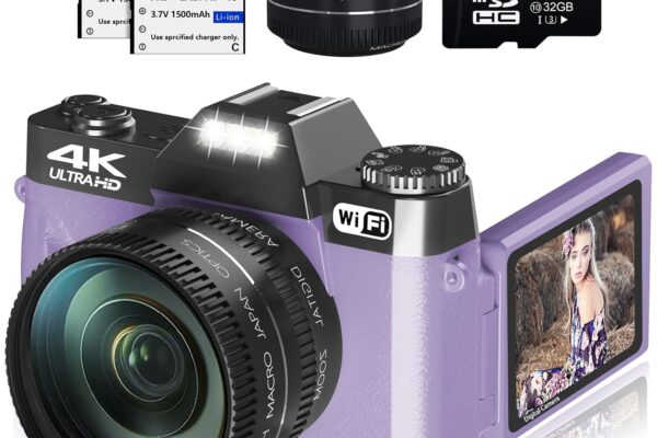 Digital Cameras for Photography, 4K 48MP Vlogging Camera 16X Digital Zoom Manual Focus Rechargeable Students Compact Camera with 52mm Wide-Angle & Macro Lens, 32G TF Card and 2 Batteries(Purple)