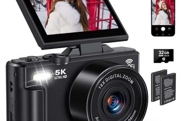 Digital Cameras for Photography – 5K 75MP Vlogging Camera for YouTube WiFi – UHD Autofocus Vlog Camera 3″ 180° Flip Screen with 18X Zoom – Travel YouTube with 32GB SD Card, 2 Batteries (CAM25)