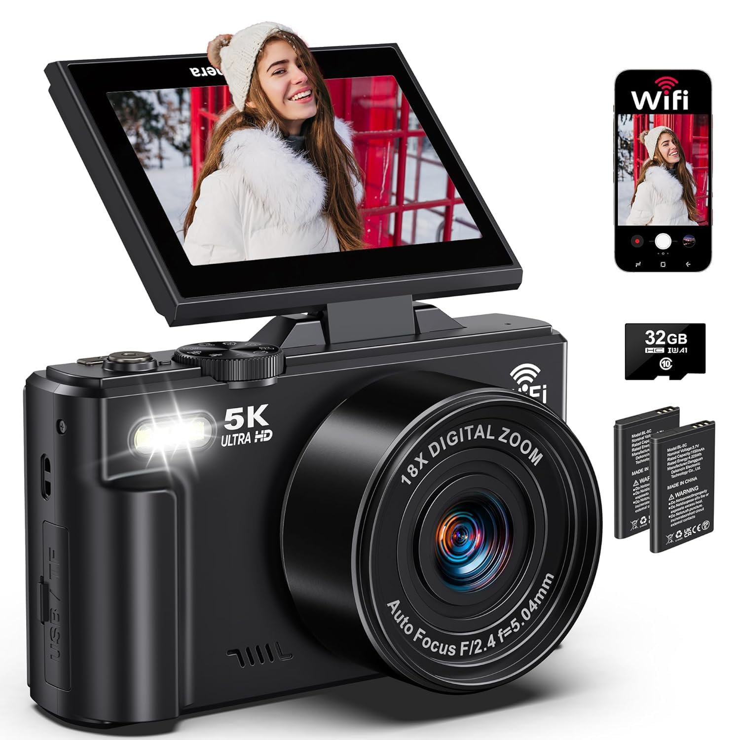 Digital Cameras for Photography – 5K 75MP Vlogging Camera for YouTube WiFi – UHD Autofocus Vlog Camera 3″ 180° Flip Screen with 18X Zoom – Travel YouTube with 32GB SD Card, 2 Batteries (CAM25)