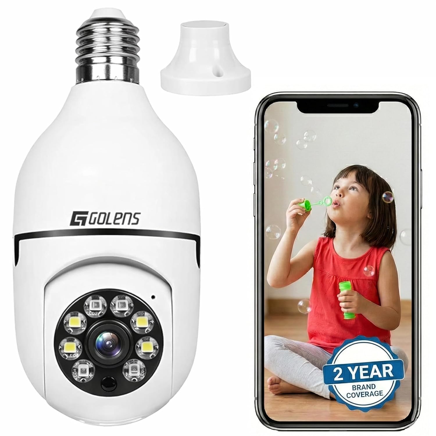 Golens WC10K 3MP 1296P WiFi Bulb Security Camera, 360° PTZ, AI Human Detection & Auto Tracking, Preset Activity Zones, Color Night Vision, 5X Zoom, Two-Way Audio, E27 Bulb CCTV Camera