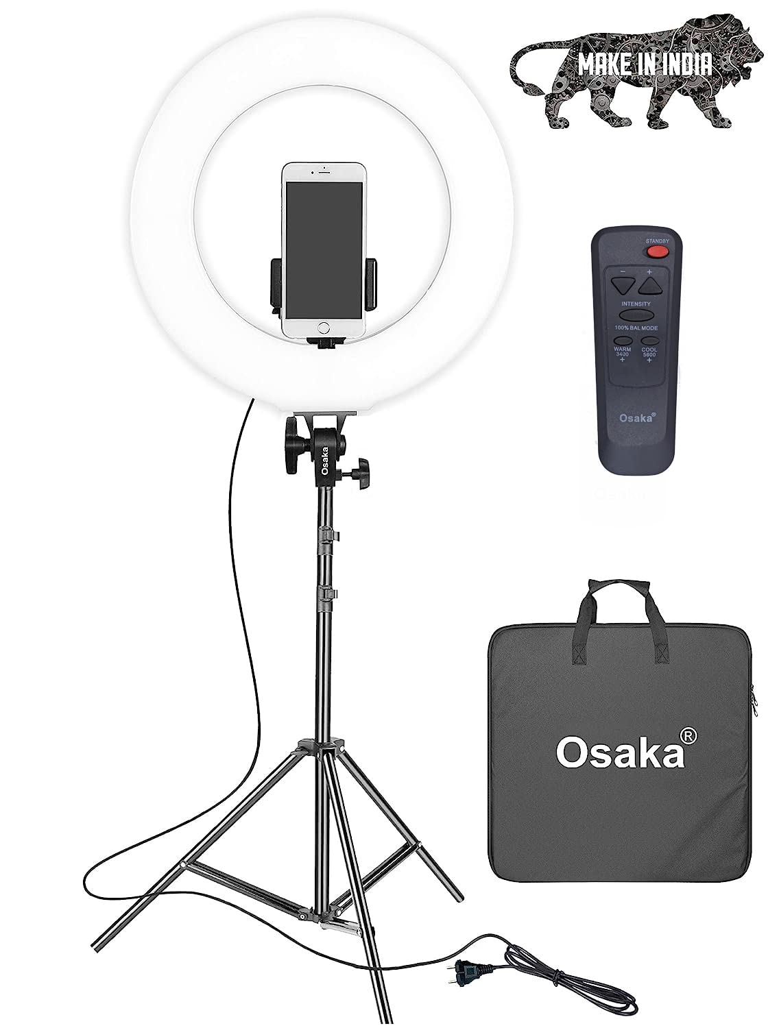 Osaka 18 Inches LED Ring Light 65W adjustable Color Temperature Wireless Remote Control 9 Feet Light Stand For MX Takatak Instagram vlog YouTube Video Shooting Compatible With DSLR Camera Smartphones.
