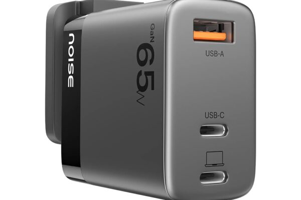 Noise GaN Charger 65W: 0–50% in 27 Min, 3 Ports (2 USB-C + 1 USB-A), Fast Charger Adapter, For MacBook, Dell, HP, ASUS, iPhone, Samsung | PD 3.0, 1-Yr Warranty, Globally Compatible (Black)