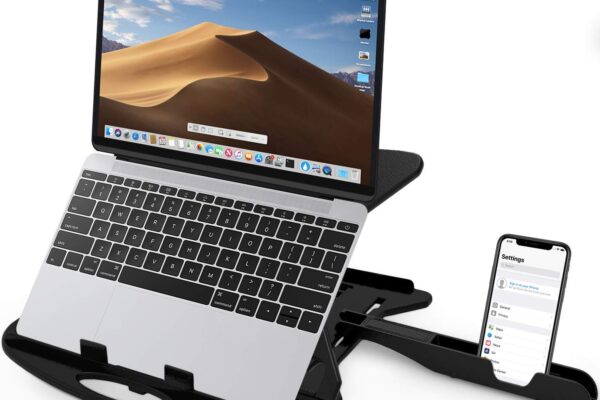STRIFF Adjustable Laptop Tabletop Stand Patented Riser Ventilated Portable Foldable Compatible with MacBook Notebook Tablet Tray Desk Table Book with Free Phone Stand (Black)