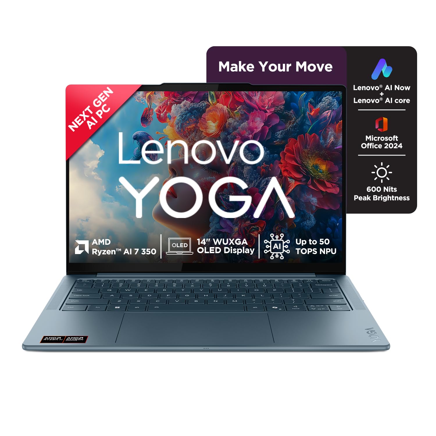 Lenovo Yoga Slim 7 AMD Ryzen AINow 7 350, 83JY005YIN AI Laptop, Copilot+ 32GB RAM/1TB SSD/14″(35.5cm)WUXGA OLED/50 TOPS/Windows 11, Office Home 2024, Backlit Keyboard, 1Yr ADP Free, Teal, 1.19Kg