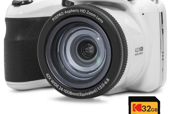 KODAK Digital Bridge Pixpro Astro Zoom AZ425 Pack + 32GB SDHC Card – 20MP Camera, 42X Zoom, Wide Angle, 3″ LCD Display, 1080p Full HD Video, Li-ion Battery – White