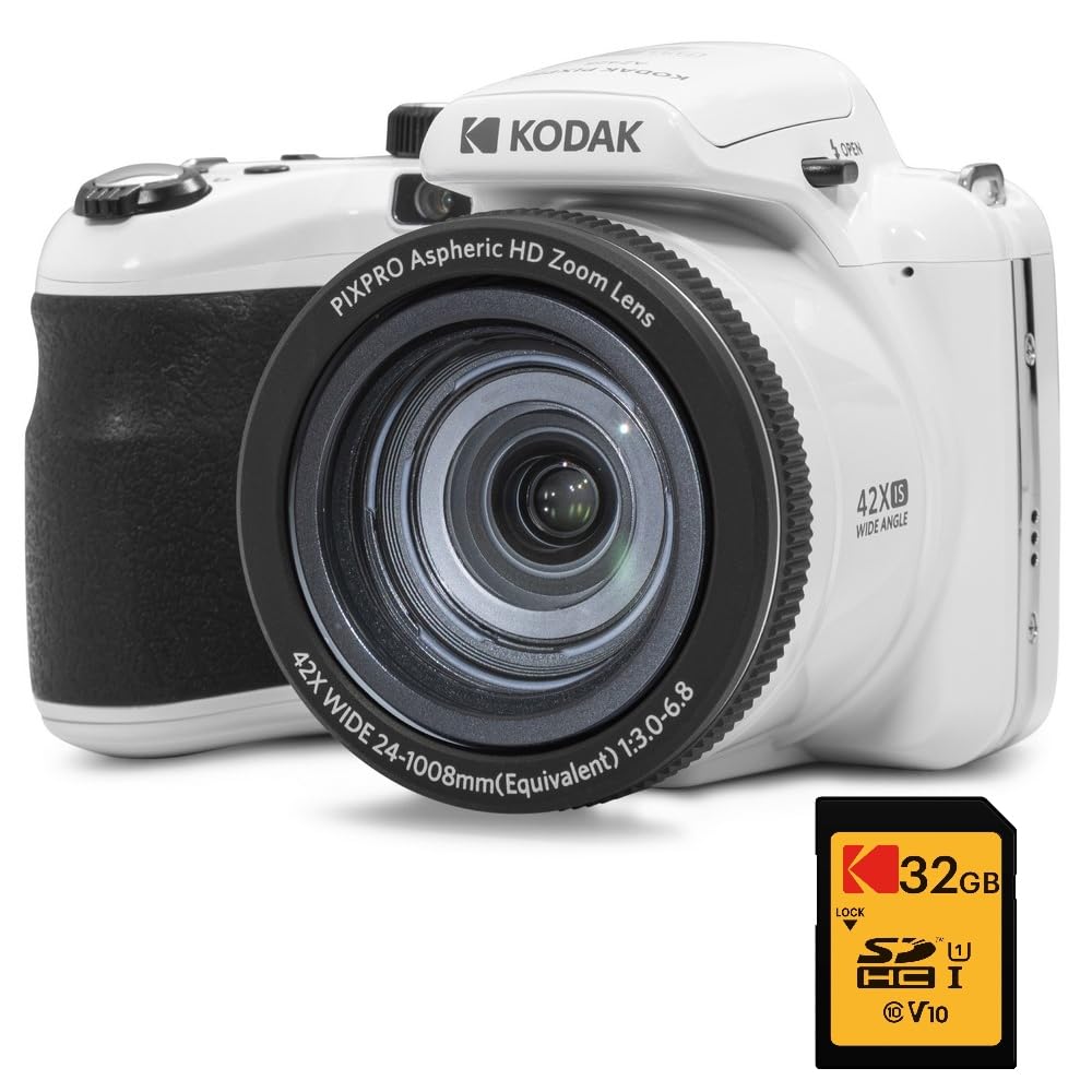 KODAK Digital Bridge Pixpro Astro Zoom AZ425 Pack + 32GB SDHC Card – 20MP Camera, 42X Zoom, Wide Angle, 3″ LCD Display, 1080p Full HD Video, Li-ion Battery – White