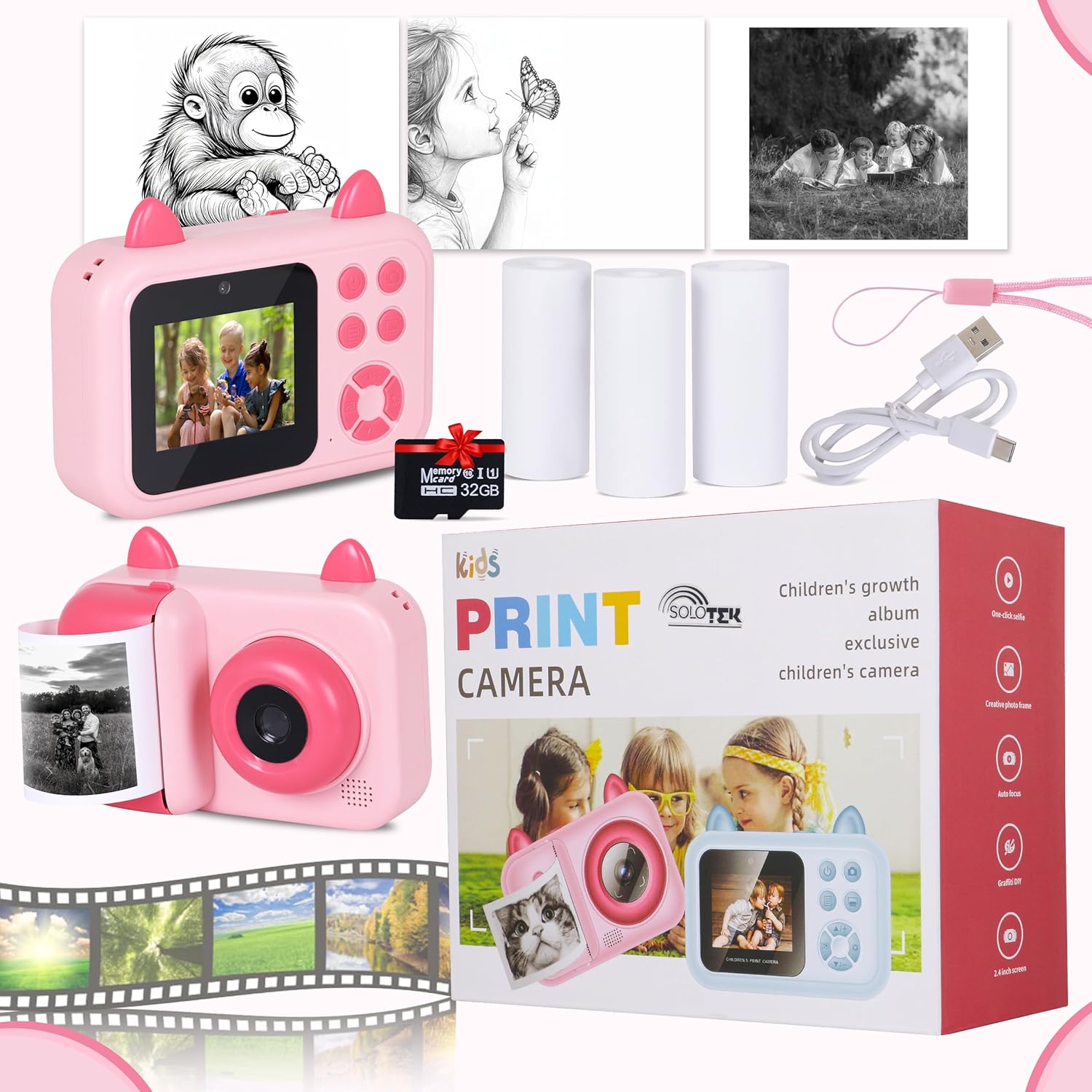 SOLOtek S6 Instant Camera for Kids with Print – 1080P HD, 48MP, 32GB SD Card,3 Rolls Print Paper with Shoulder Strap | Instant Photo Camera with Video Recorder, Games & Photo Filters| 1-Year Warranty