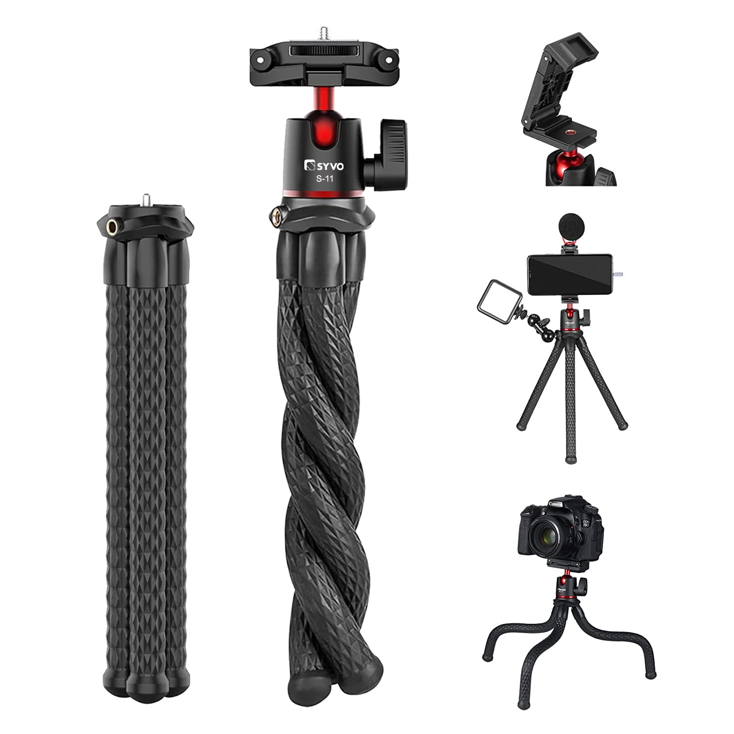 Syvo S-11 Flexible Gorilla Tripod Stand for Phone & Camera with Phone Holder, Cold Shoe Mount & 1/4 Screw | Mobile Tripod, Selfie Stick Tripod, Vlogging Tripod Stand for Phone