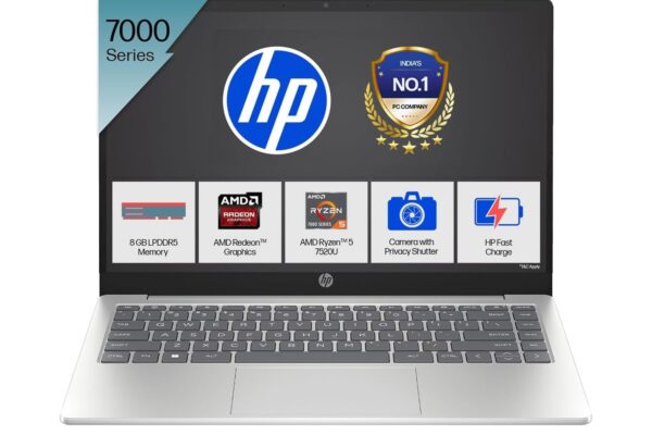HP Laptop 14, AMD Ryzen 5 7520U, 14-inch (35.6 cm), FHD, 8GB LPDDR5, 512GB SSD, AMD Radeon Graphics, FHD Camera w/Privacy Shutter, Backlit KB (Win 11, MSO 2021, Silver, 1.4 kg), em0026AU