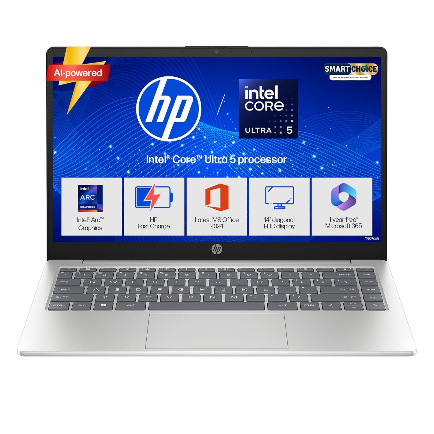 HP 14 Smartchoice, Intel Core Ultra 5 125H (24GB DDR5, 1TB SSD), Micro-Edge, Anti-Glare, FHD, 14”/35.6cm, Win11, M365* Office24, Silver, 1.4kg, ep1180TU, FHD Camera, Backlit Laptop