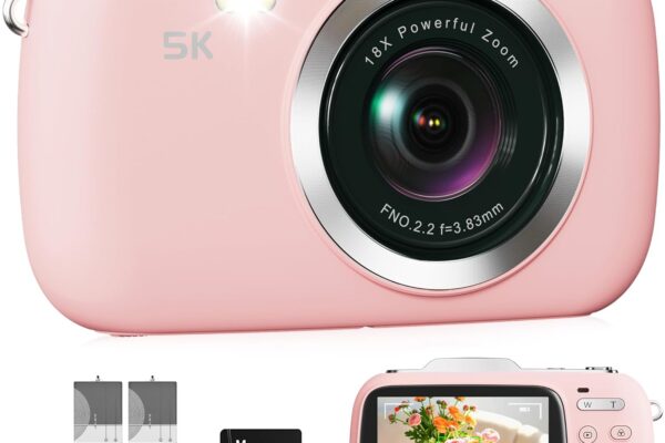 Digital Camera, 5K Vlogging Camera for Photography, 80MP Autofocus Point and Shoot Digital Camera for Beginner Teens Kids, 18X Zoom Portable Compact Travel Camera, Flash, 32GB Card & 2 Batteries(Pink)