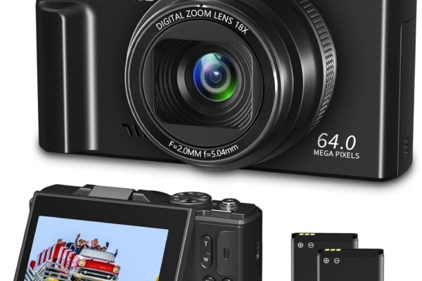 Gavonde Digital Camera for Photography, WiFi 64MP 4K Vlogging Camera for YouTube, 3 180° Flip Screen 18X Digital Zoom Compact Vlog Travel Cameras with 32GB TF Card & 2 Batteries, Black