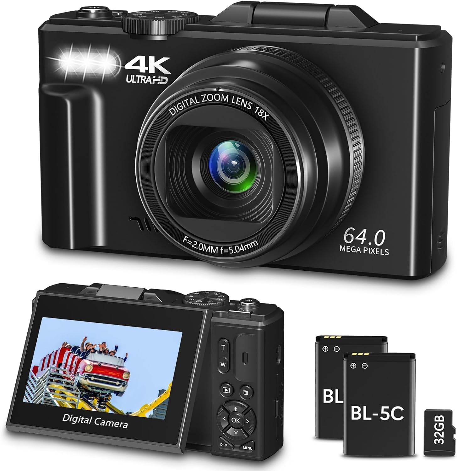 Gavonde Digital Camera for Photography, WiFi 64MP 4K Vlogging Camera for YouTube, 3 180° Flip Screen 18X Digital Zoom Compact Vlog Travel Cameras with 32GB TF Card & 2 Batteries, Black