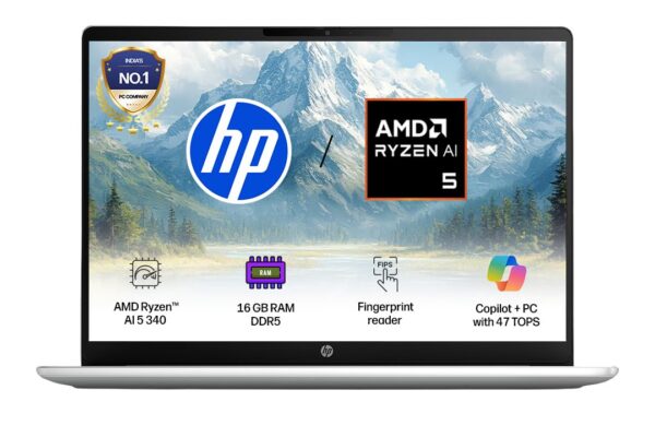 HP OmniBook 3 AMD Ryzen AI 5 340 Next Gen AI Laptop, (16GB DDR5, 512GB SSD), Anti-Glare,15.6”/39.6cm FHD, Win11,Office24, Silver,1.7kg, FHD Camera w/Privacy Shutter, fn0007AU
