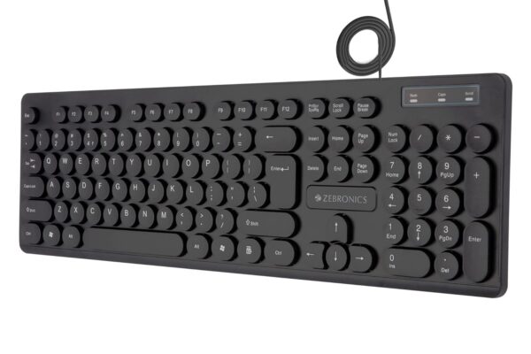 ZEBRONICS K24 Wired USB Keyboard, 104 Keys, Long Life 8 Million Keystrokes, Silent & Comfortable Use, Slim Design, Retractable Stand, 1.5 Meter Textured Cable, UV Coated keycaps