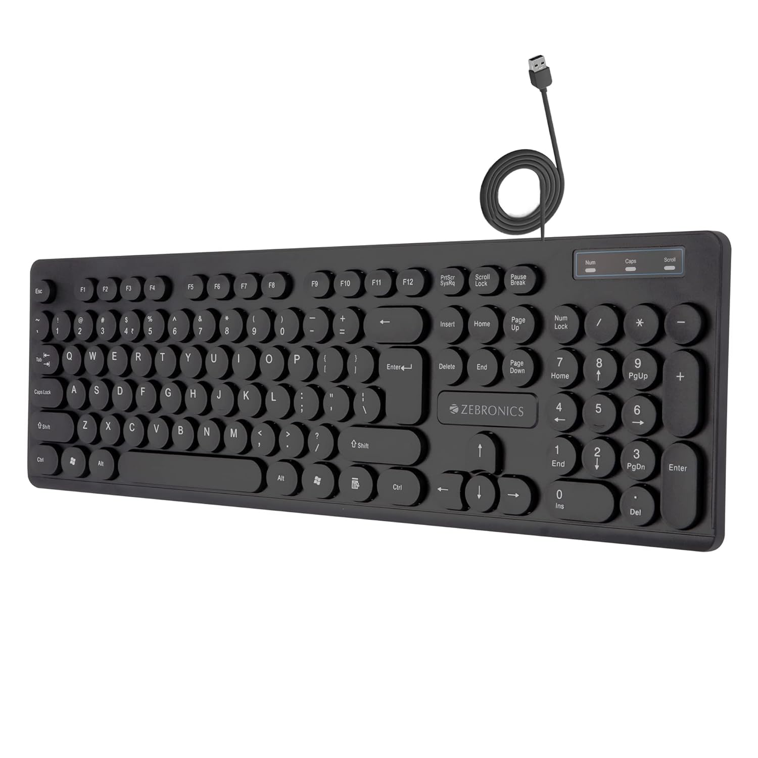 ZEBRONICS K24 Wired USB Keyboard, 104 Keys, Long Life 8 Million Keystrokes, Silent & Comfortable Use, Slim Design, Retractable Stand, 1.5 Meter Textured Cable, UV Coated keycaps
