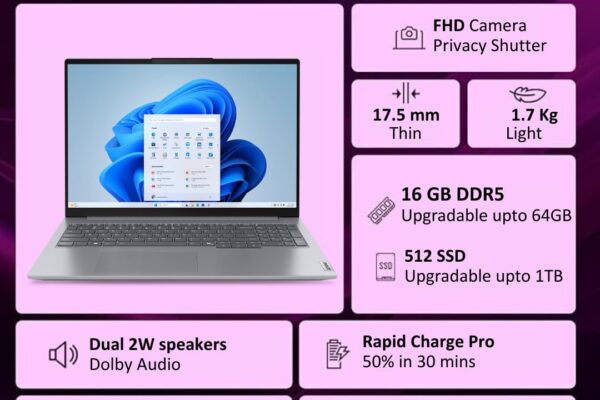 Lenovo ThinkBook 16, AMD Ryzen 7 7735HS, 16GB RAM, 512GB SSD, WUXGA IPS 16″, Windows 11 Home, Office 2024, 1.7kg, 21MWA0R4IN, Backlit Keyboard, Fingerprint, 300 Nits, 1Y Warranty, Aluminium Top Laptop
