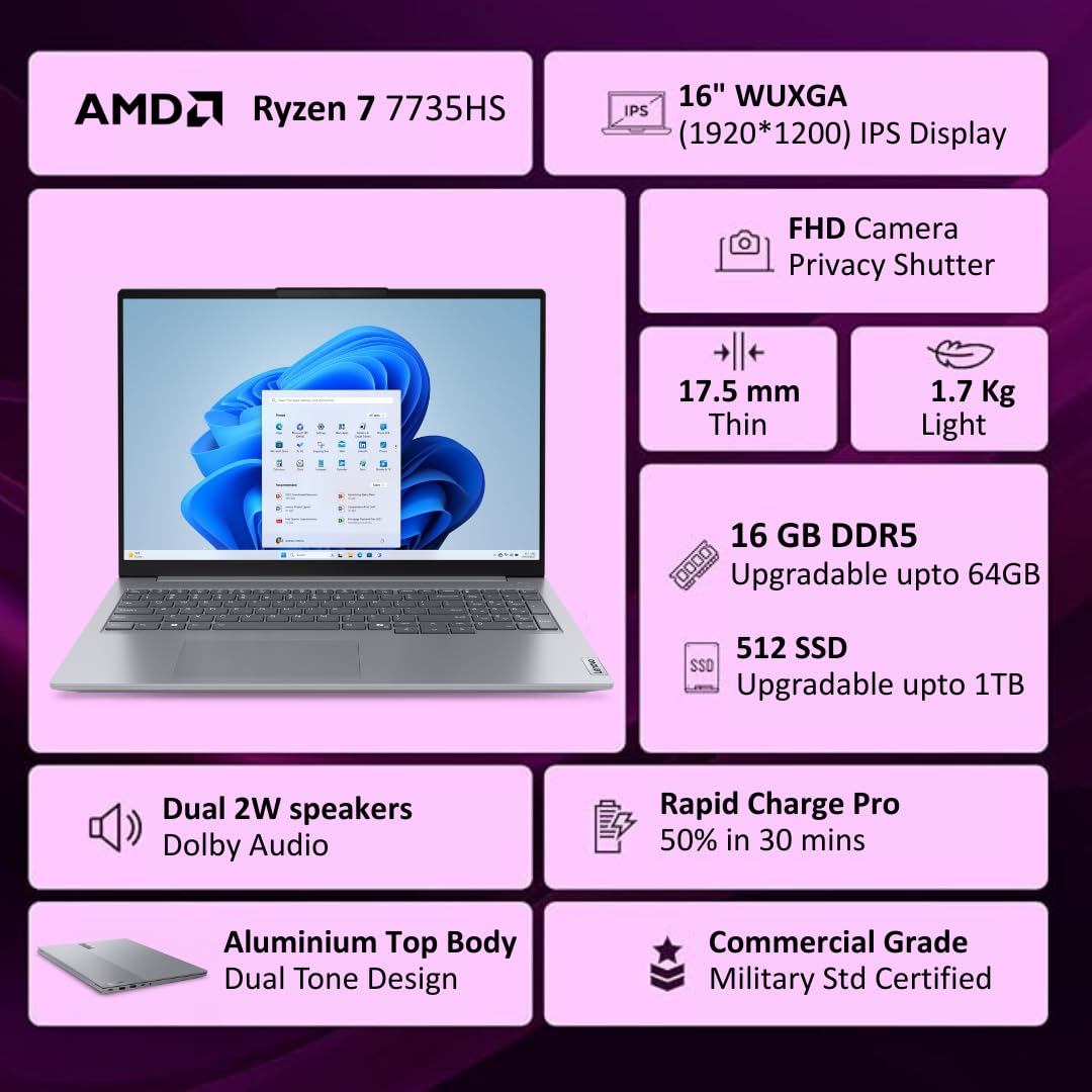 Lenovo ThinkBook 16, AMD Ryzen 7 7735HS, 16GB RAM, 512GB SSD, WUXGA IPS 16″, Windows 11 Home, Office 2024, 1.7kg, 21MWA0R4IN, Backlit Keyboard, Fingerprint, 300 Nits, 1Y Warranty, Aluminium Top Laptop