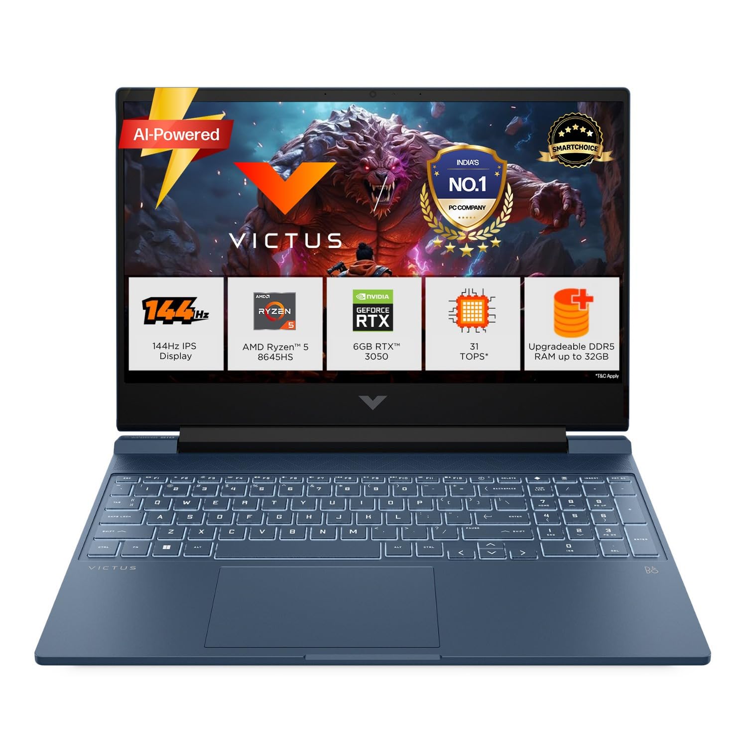 HP Victus, AMD Ryzen 5 8645HS, 6GB RTX 3050, 31 Tops, 16GB DDR5(Upgradeable) 512GB SSD, 144Hz, 300nits, FHD, 15.6″/39.6cm, Win11, M365* Office24, Blue, 2.3kg, fb3009AX, AI Gaming Laptop
