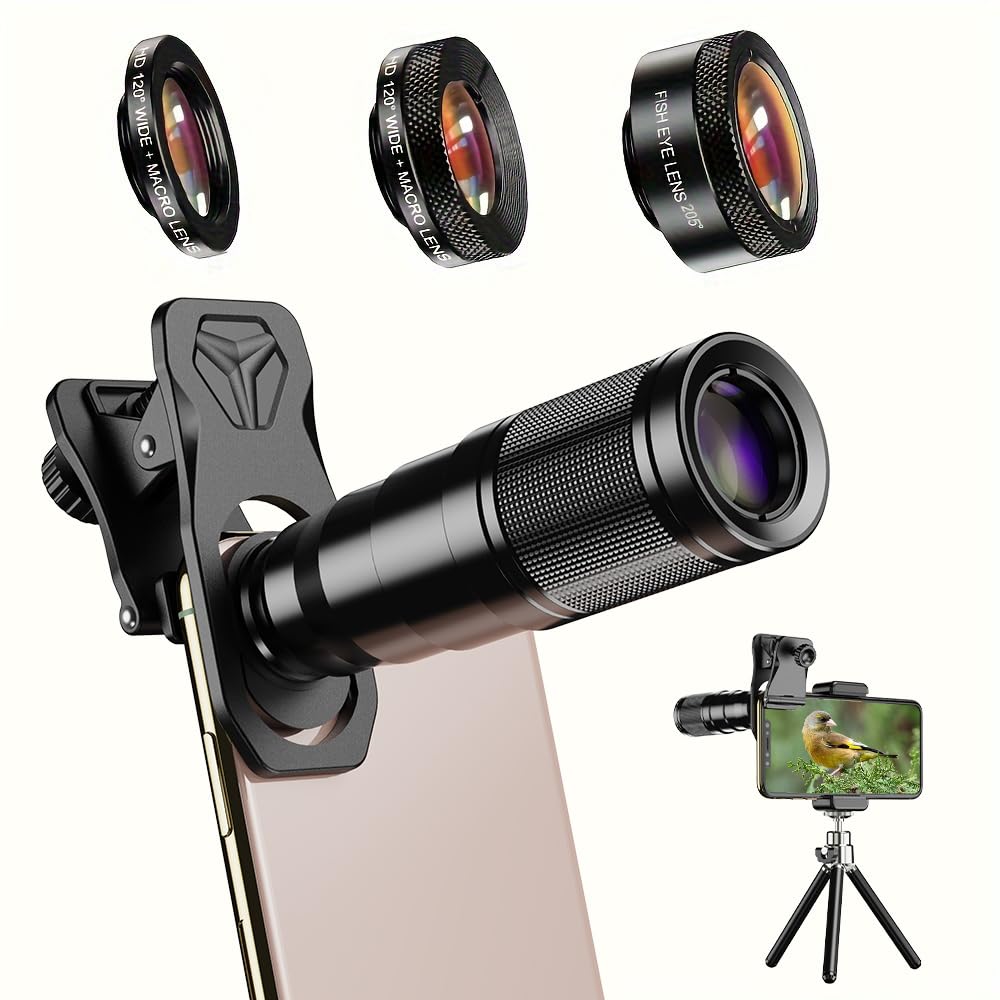 APEXEL 6 in 1 Phone Lens Kit – 22x Telephoto Lens, 205 Fisheye Lens, 120 Wide Angle Lens 25X Macro Lens(Screwed Together), Compatible with iPhone,Samsung,Pixel.