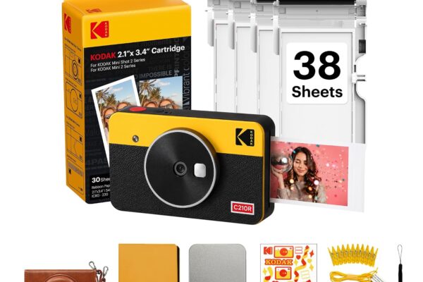 KODAK Mini Shot 2 Retro 2×3 Instant Camera, 38 Sheets Gift Bundle, Yellow | Bluetooth, iPhone & Android Smartphone Compatible, 13MP Camera, Retake Before Printing, Water, Fingerprint & Fade Resistant