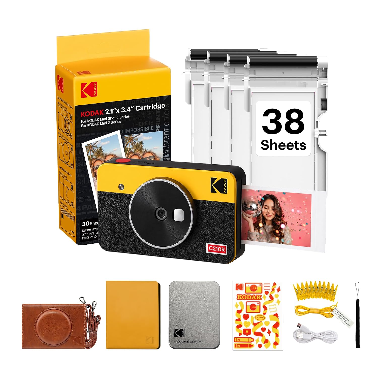 KODAK Mini Shot 2 Retro 2×3 Instant Camera, 38 Sheets Gift Bundle, Yellow | Bluetooth, iPhone & Android Smartphone Compatible, 13MP Camera, Retake Before Printing, Water, Fingerprint & Fade Resistant