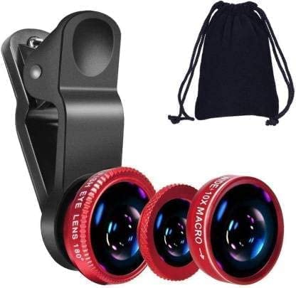 Universal HD Camera Lens Kit 180 Degree Fish Eye+0.65X Wide Angle+10X Macro Lens Glass & Aluminum Alloy Shot Clip Attachments Compatible with iPhone iPad Android Smartphone & Tablets