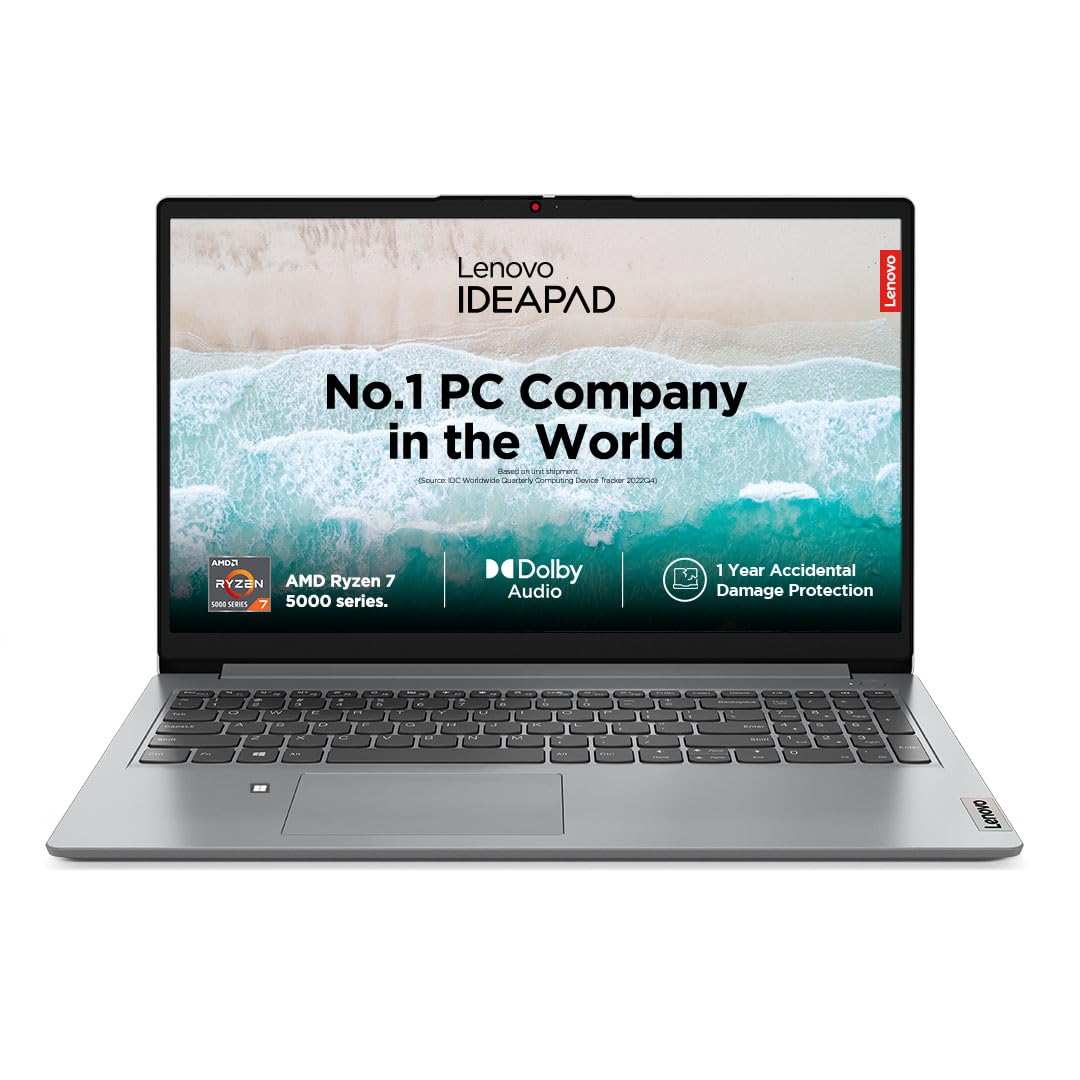 Lenovo IdeaPad Slim 1 AMD Ryzen 7 5700U 15.6″ HD Thin and Light Laptop (16GB/512GB SSD/Windows 11 Home/MS Office 2021/1 Year Warranty + 1 Year ADP/Cloud Grey/1.6Kg), 82R400EFIN
