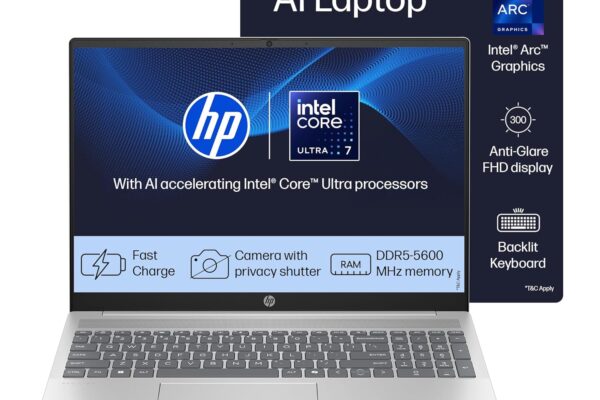 HP 14 AI, Intel Core Ultra 7 155H (16GB DDR5, 512GB SSD) FHD, Anti-Glare, 14″/35.6cm, Win11, Office21, Silver, 1.4kg, gr1023TU, Intel Arc Graphics, FHD Camera w/Shutter, Backlit Kb AI Powered Laptop