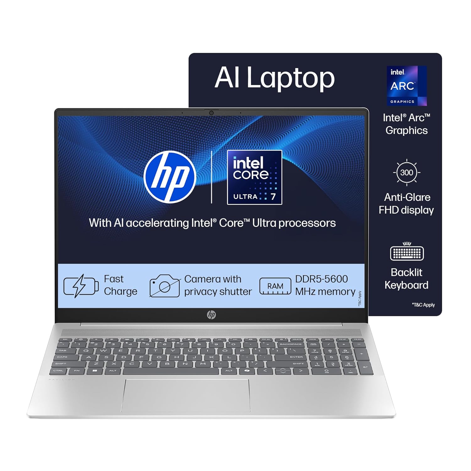 HP 14 AI, Intel Core Ultra 7 155H (16GB DDR5, 512GB SSD) FHD, Anti-Glare, 14″/35.6cm, Win11, Office21, Silver, 1.4kg, gr1023TU, Intel Arc Graphics, FHD Camera w/Shutter, Backlit Kb AI Powered Laptop
