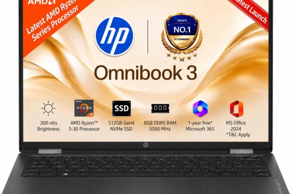 HP 15, AMD Ryzen 3-30 (8GB LPDDR5, 512GB SSD) FHD, Anti-Glare, Micro-Edge, 15.6″/39.6cm, Win 11, Office 21, Silver, 1.59kg, fc0026AU, AMD Radeon Graphics, 1080p FHD Backlit Keyboard