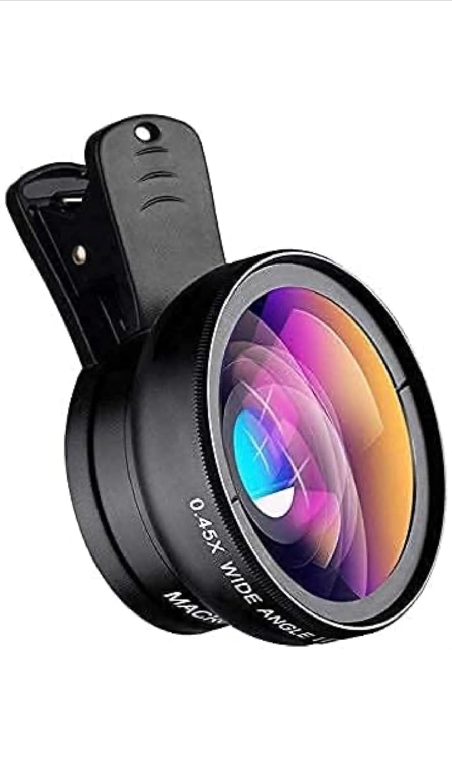 Mobile Camera Lens, 0.45X Super Wide Angle Lens, 15X Macro Lens, Clip-On 2 in 1 Professional Kit for TIK Tok, Vlog, YouTube, Reels Compatible with All Smartphones-(Black)