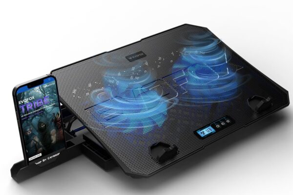 EvoFox Frost Plus Laptop Cooling Pad | Laptop Cooler Pad with Dual Fans, Blue LED Backlight, Iron Mesh Design, LCD Display, Adjustable Stand, Ultra-Quiet Dual USB Cooling Pad (Black)