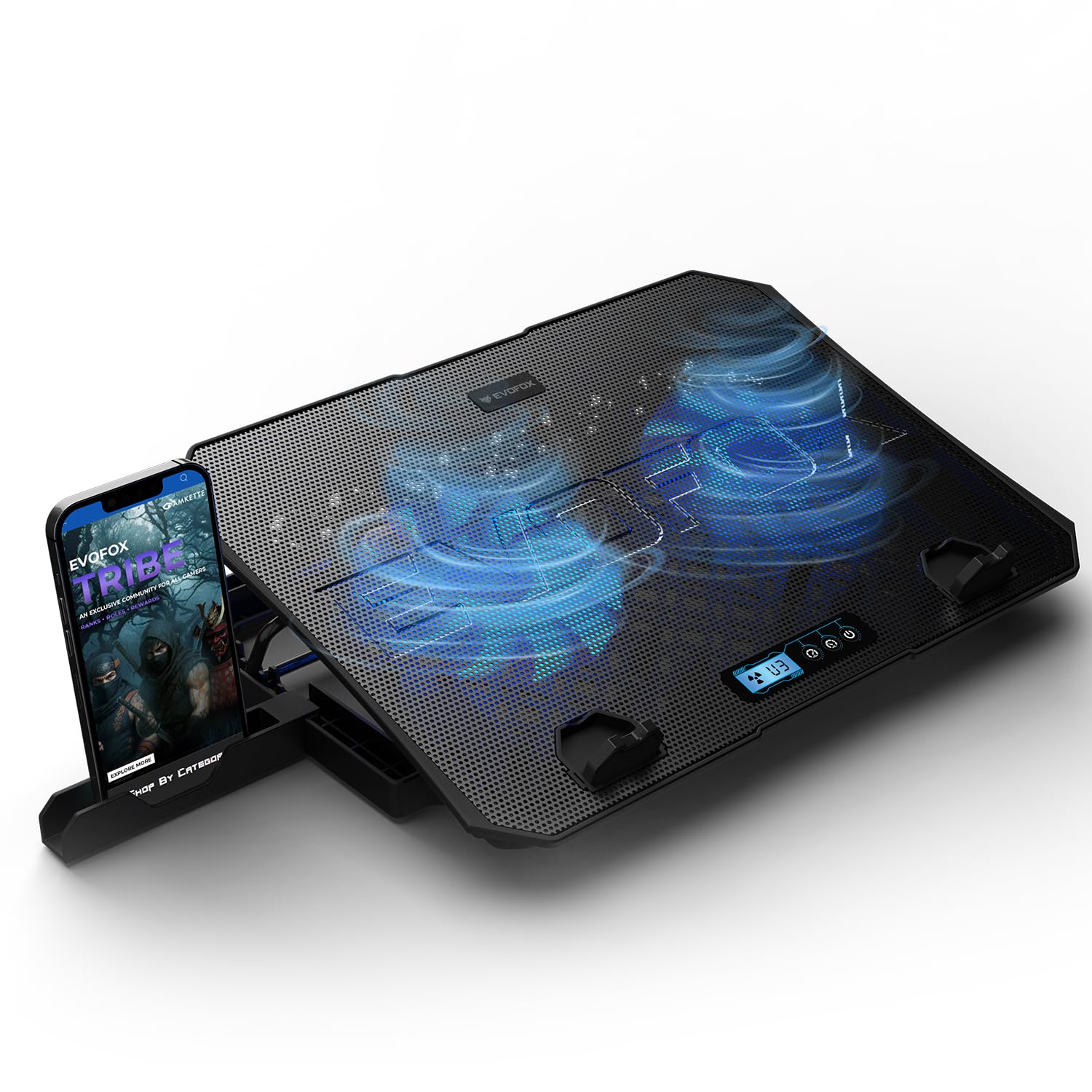 EvoFox Frost Plus Laptop Cooling Pad | Laptop Cooler Pad with Dual Fans, Blue LED Backlight, Iron Mesh Design, LCD Display, Adjustable Stand, Ultra-Quiet Dual USB Cooling Pad (Black)