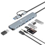 Portronics Mport 8 Plus Dual Plug 8-in-1 Docking Station/Hub with AUX, USB 3.0, microSD/SD Card Reader, Type-C Data, USB 2.0, Type-C and USB Plug for Laptop, Mac, PC (Grey)