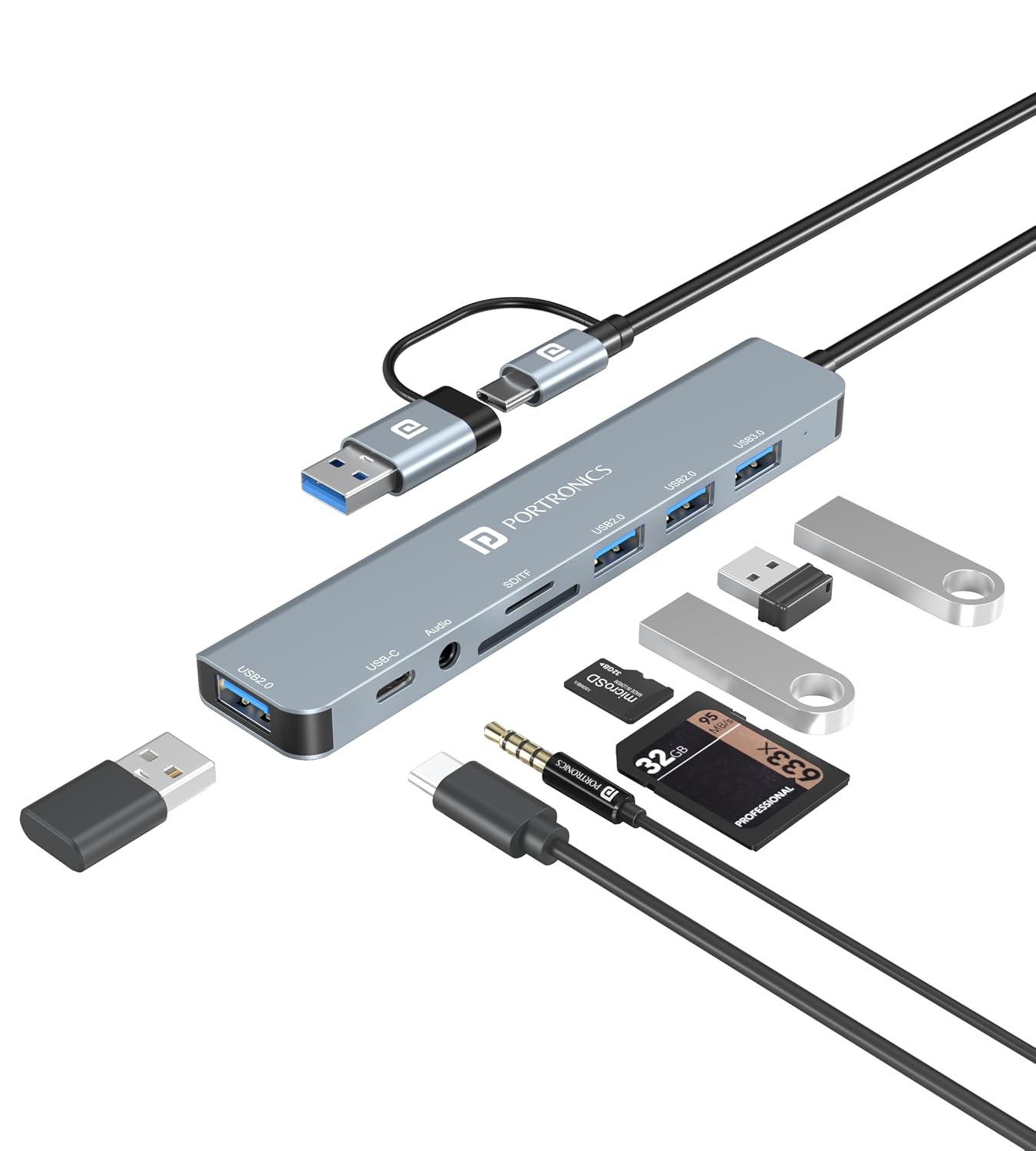 Portronics Mport 8 Plus Dual Plug 8-in-1 Docking Station/Hub with AUX, USB 3.0, microSD/SD Card Reader, Type-C Data, USB 2.0, Type-C and USB Plug for Laptop, Mac, PC (Grey)