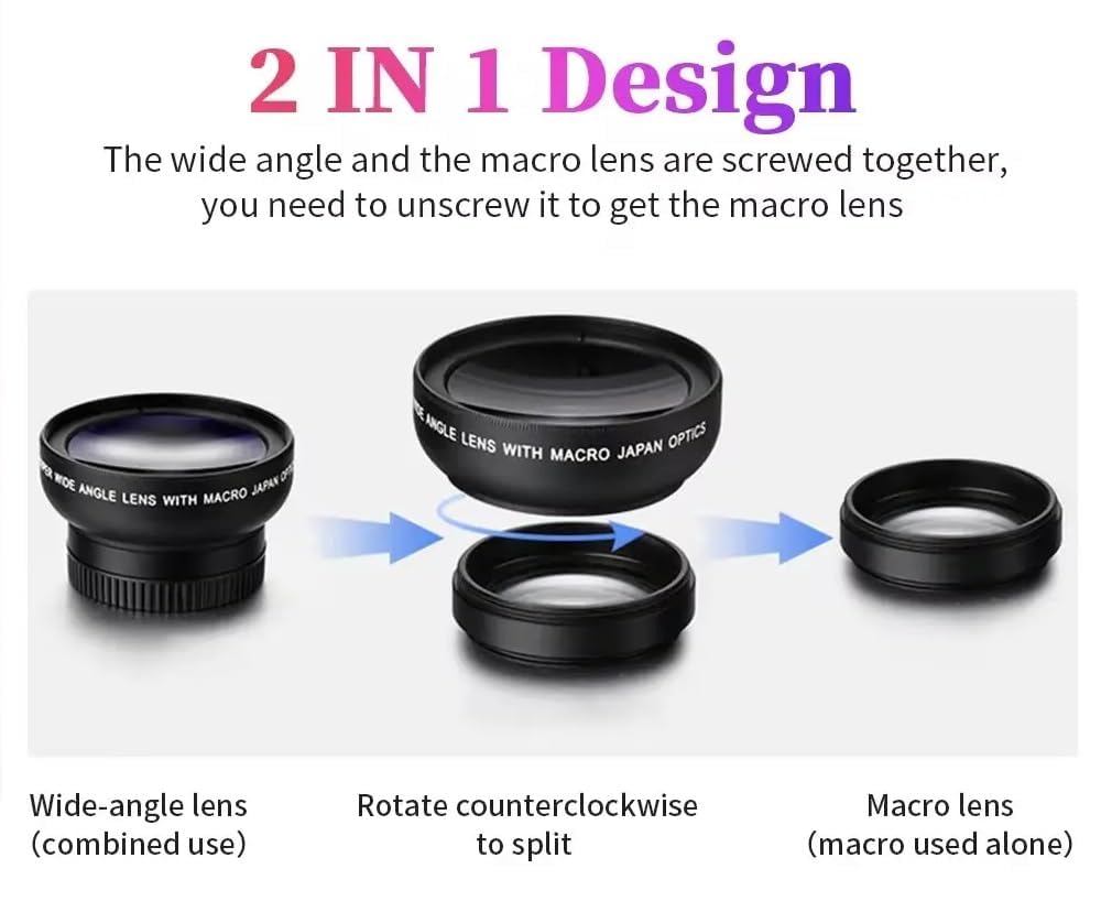 Mobile Camera Lens, 0.45X Super Wide Angle Lens, 15X Macro Lens, Clip-On 2 in 1 Professional Kit for Insta, Vlog, YouTube, Reels Compatible with All Smartphones-(Black)